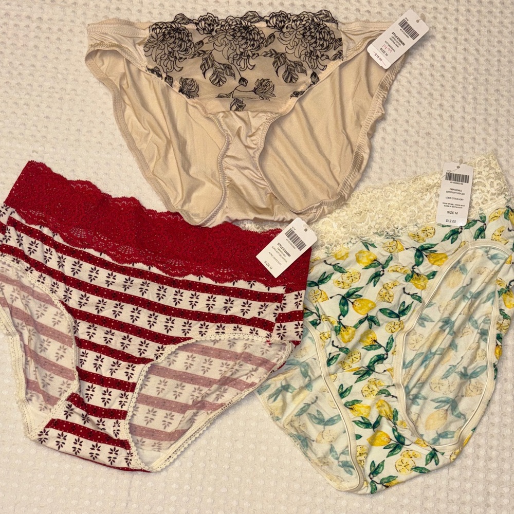 NEW Set 3 Soma M Lace Panties Bikinis Red White Floral Striped Citrus Lemon